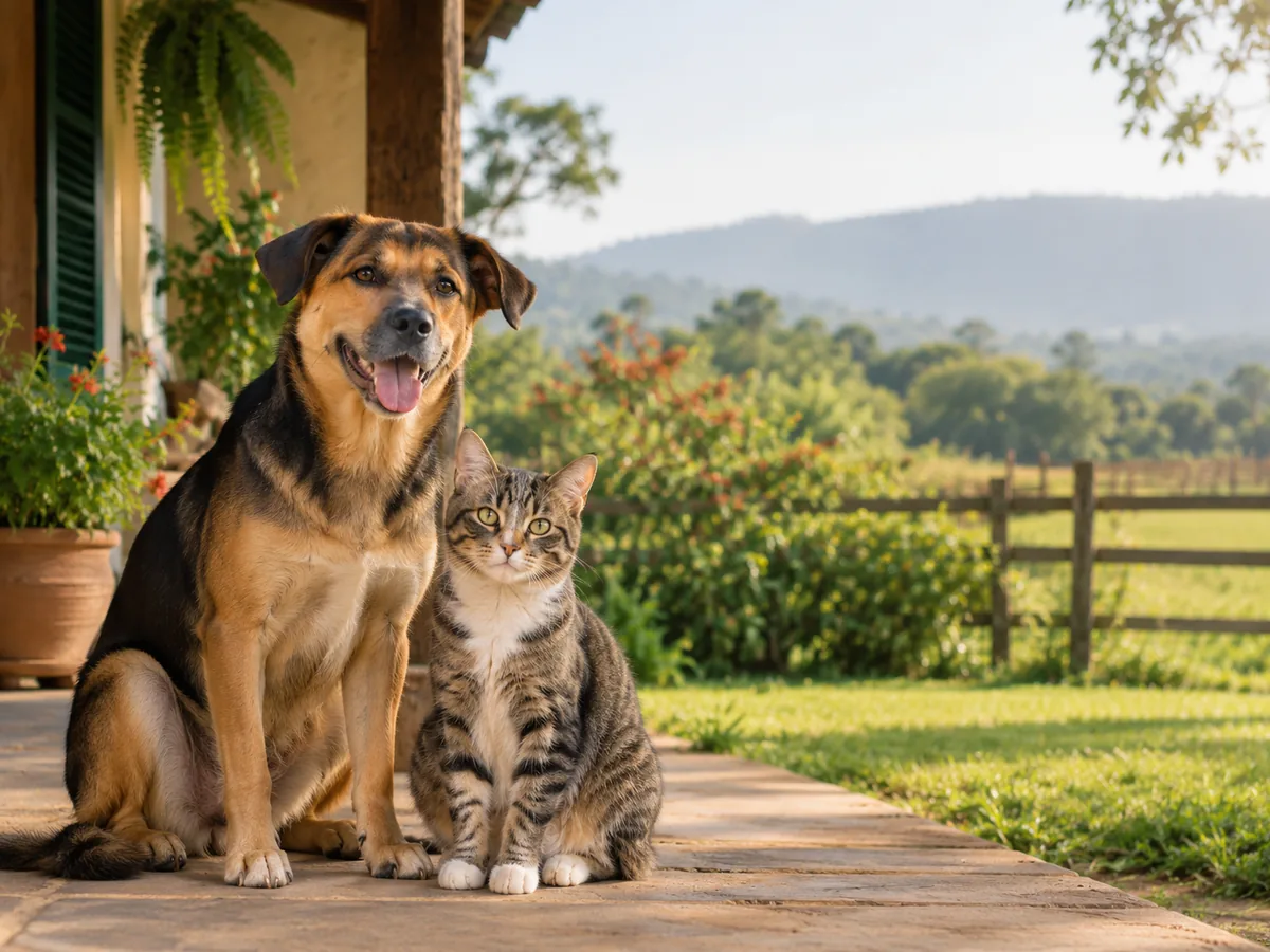 Cão e gato sentados juntos em um ambiente rural acolhedor